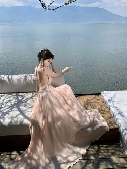 Gentle temperament V-neck halter dress unique waist A-line beach dress R0576