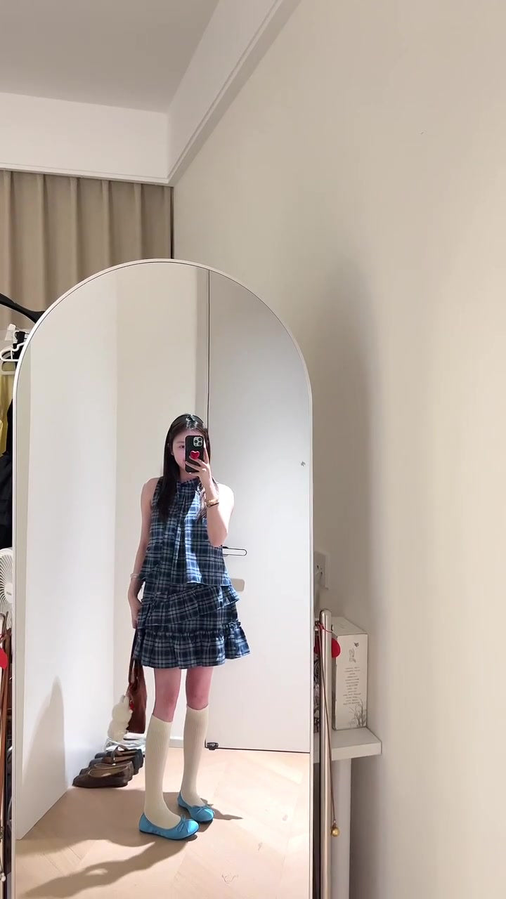 Retro blue sleeveless halter dress gentle temperament A-line short skirt R0817