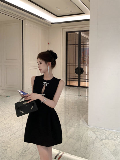 Temperament little black dress bow vest dress waist A-line small dress R0536