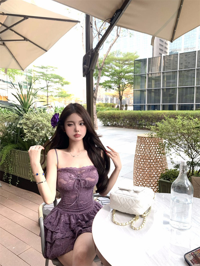 Sexy purple suspender dress with elegant waist and slimming A-line short skirt R0541