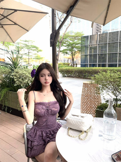 Sexy purple suspender dress with elegant waist and slimming A-line short skirt R0541