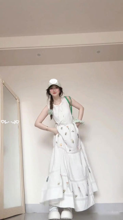 Sleeveless vest floral dress gentle temperament waist A-line long skirt R0709