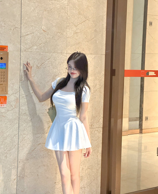 Pure desire style sexy dress summer high waist elastic slim fit solid color A-line short skirt R3671