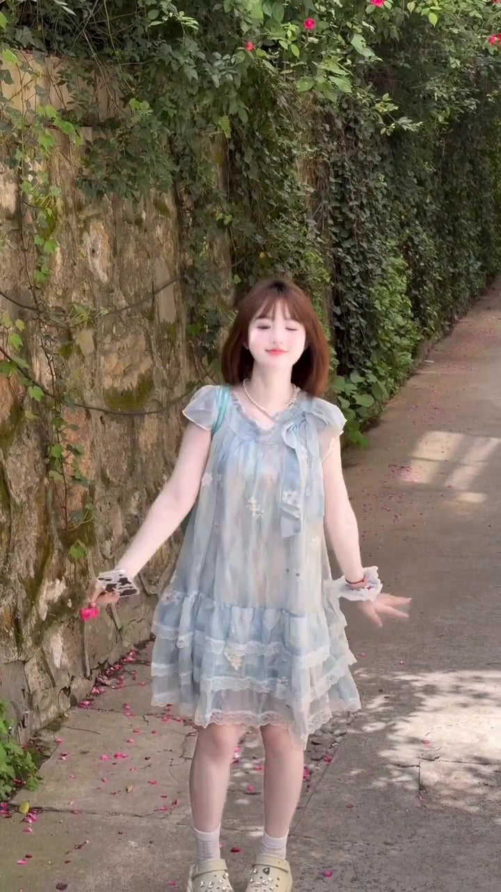 Gentle and sweet style blue floral dress beautiful loose A-line short skirt for petite R0651