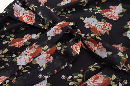 Black small flying sleeve slim floral long skirt 2025 new holiday style French retro dress R0048