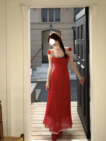 Tea break French floral dress 2025 new slim retro red holiday style long skirt R0045