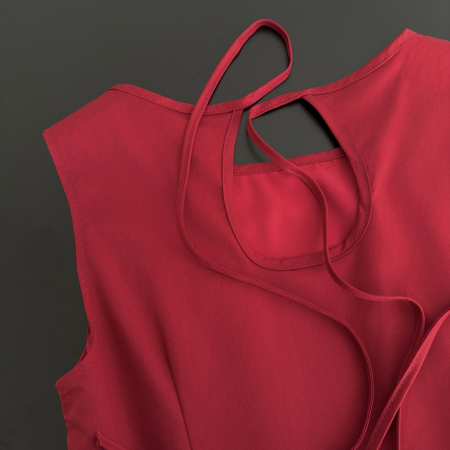 French retro little red dress with hollow back and tie-up pleated sleeveless vest dress R0037