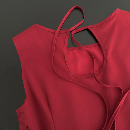 French retro little red dress with hollow back and tie-up pleated sleeveless vest dress R0037
