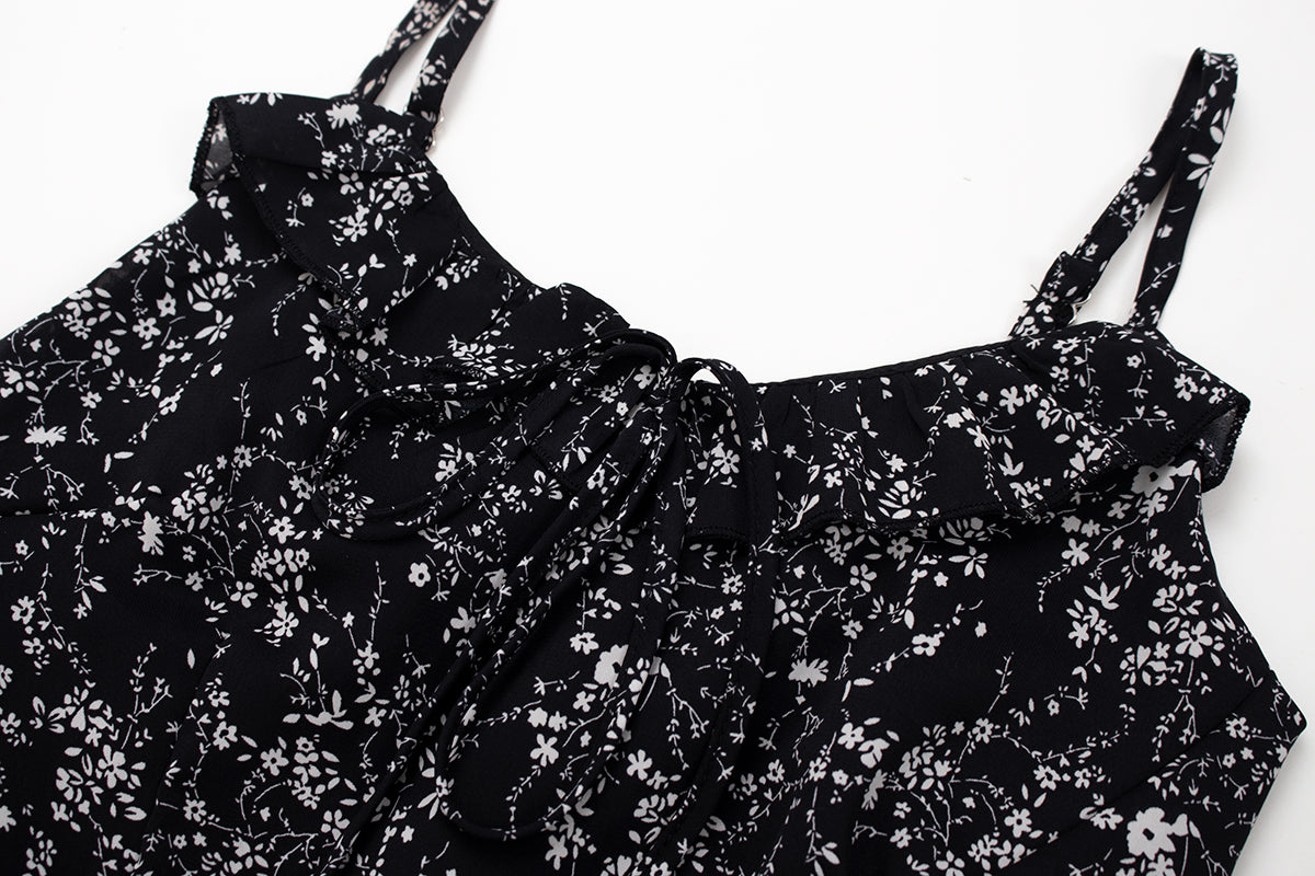 Bevel floral suspender dress French style slim waist long dress for women summer irregular R0031