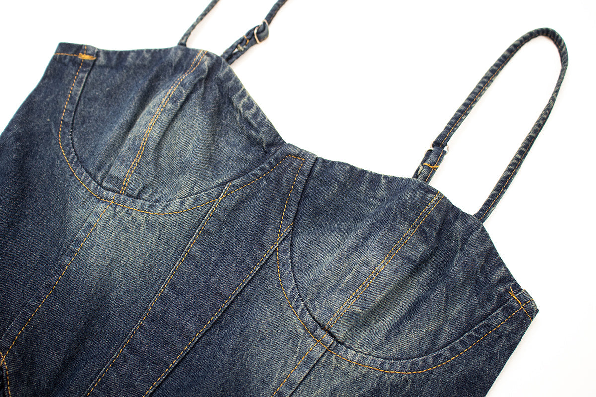 2025 new retro denim cake skirt hot girl French sexy tube top suspender dress female summer design R0063