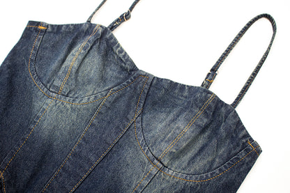 2025 new retro denim cake skirt hot girl French sexy tube top suspender dress female summer design R0063