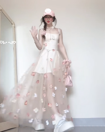 Flower suspender dress gentle temperament beautiful waist A-line long skirt R0661
