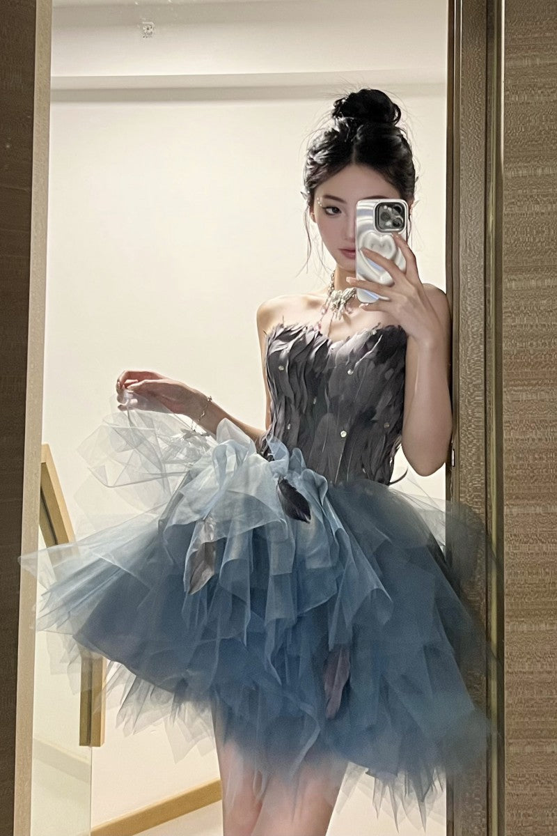 New slim fit feather evening dress prom dinner annual party tutu short homecoming dress R3012