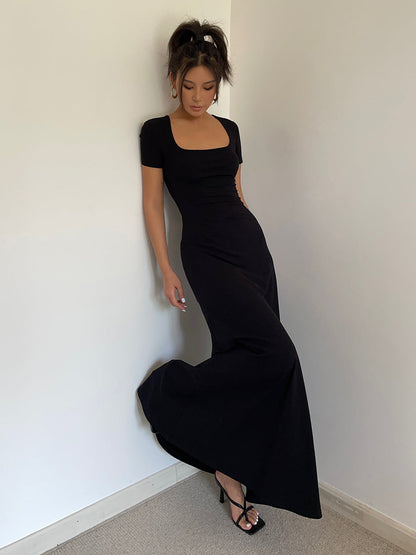 Summer French Square Neck Dress Slim Fit Short Sleeves Knee-Length Temperament Long Dress R3028