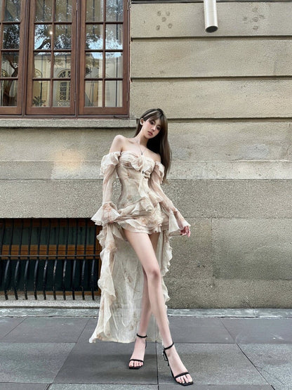French pure desire style ruffle irregular dress female temperament high-end sexy homecoming dress R3007
