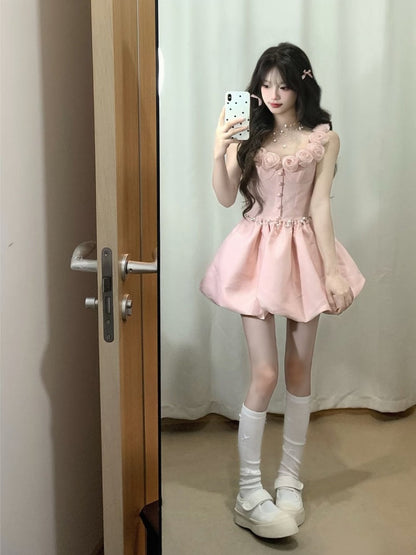 Cute pink suspender dress women's summer daughter heavy industry party dress flower bud skirt homecoming dress R3005