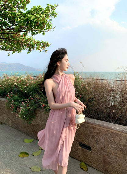Pink sleeveless halter dress gentle style super beautiful dress R0727