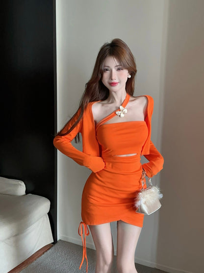 Irregular hot girl style off-shoulder slim drawstring sexy tube top dress R3669
