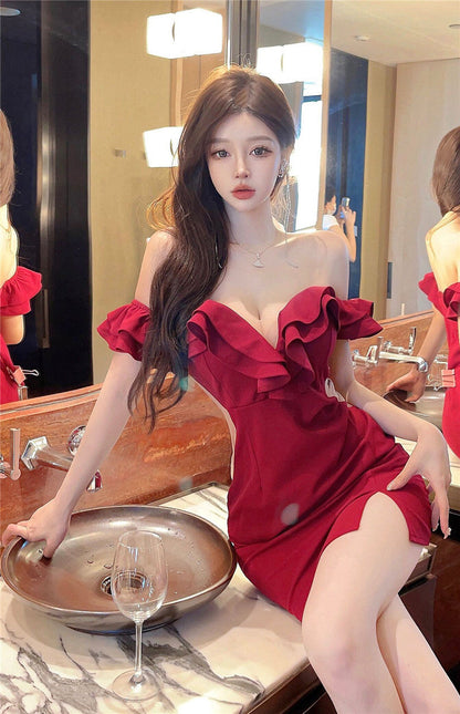Sexy ruffled one-shoulder dress for women, high-end temperament, v-neck, slim-fitting, hip-wrapped short skirt R3676