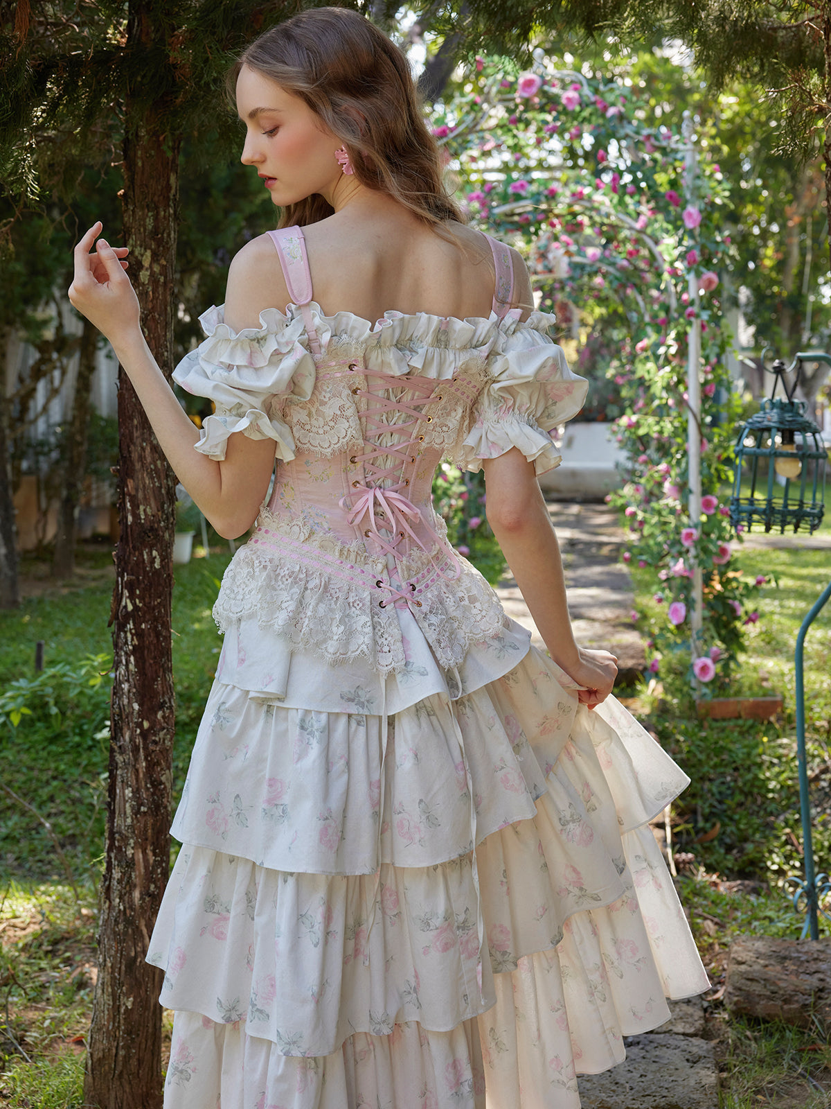 Retro Pastoral Print Bowknot Herringbone Dress R5114
