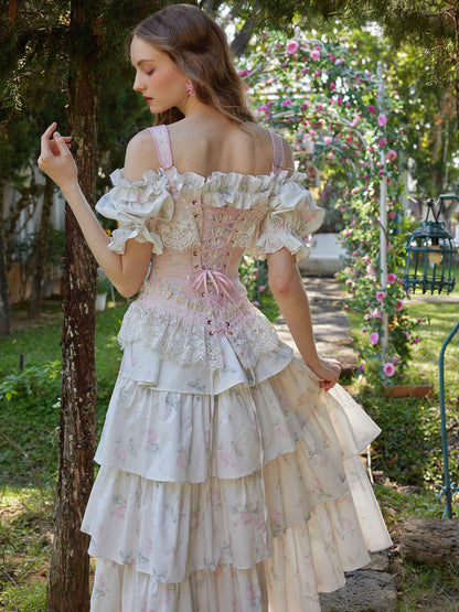 Retro Pastoral Print Bowknot Herringbone Dress R5114