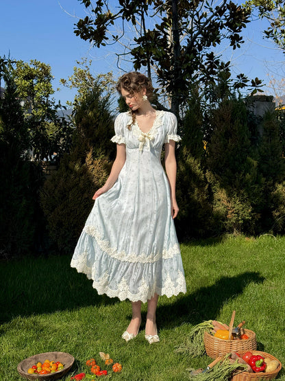 French pastoral fresh baby blue long short-sleeved lace dress R5113