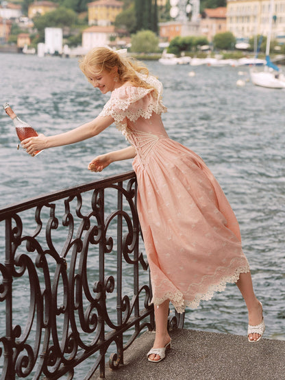 Pink Champagne French Embroidered Fishbone Dress Pink Hollow One Shoulder Maxi Dress R5111