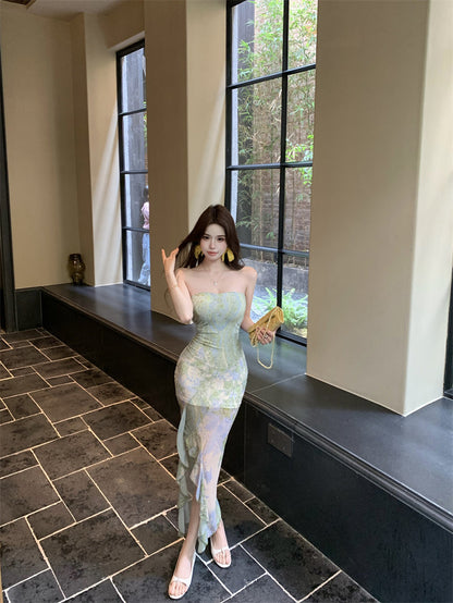 Green floral tube top dress sexy waist slim hip skirt R0626
