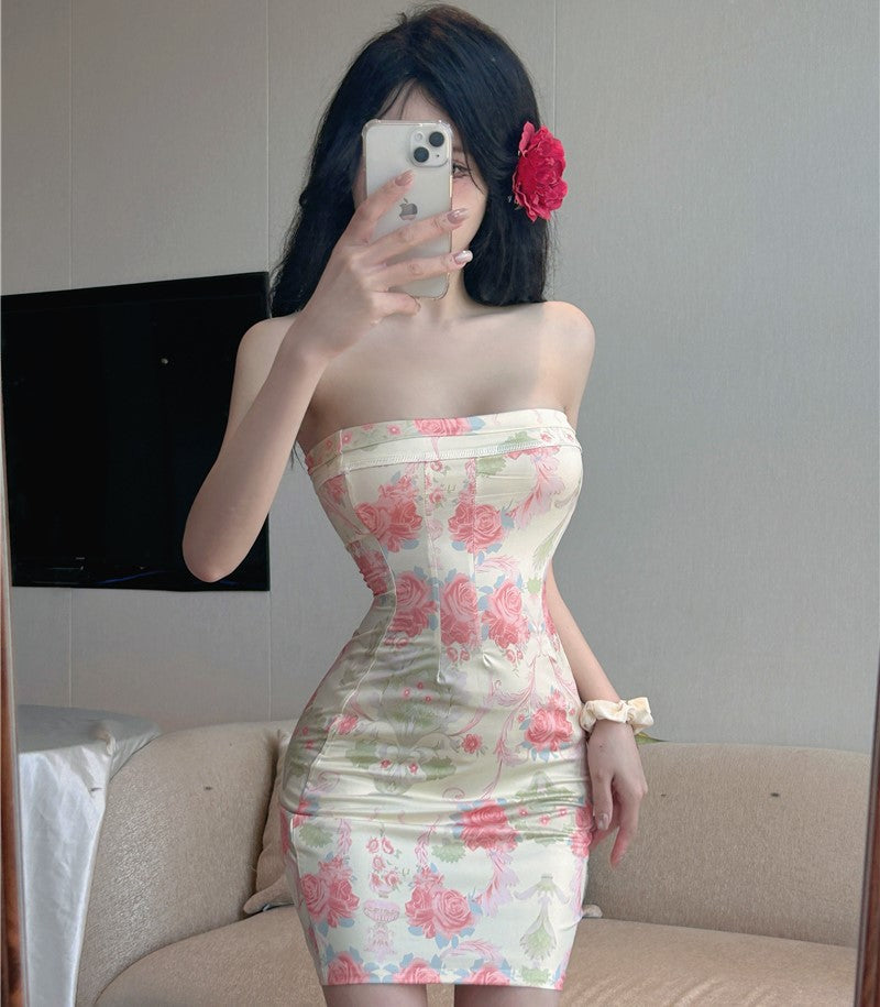 One-shoulder floral tube top dress French style backless tight-fitting slimming hip skirt R3790