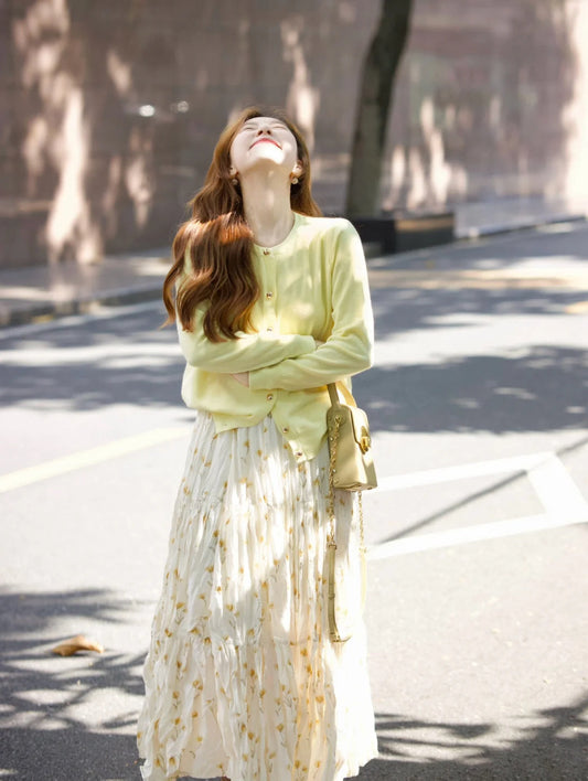 2025 new women's suit knitted cardigan beautiful floral skirt two-piece suit R0708
