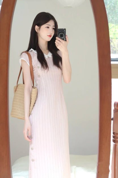Gentle style pink short-sleeved dress with elegant waist and slim fit R0849