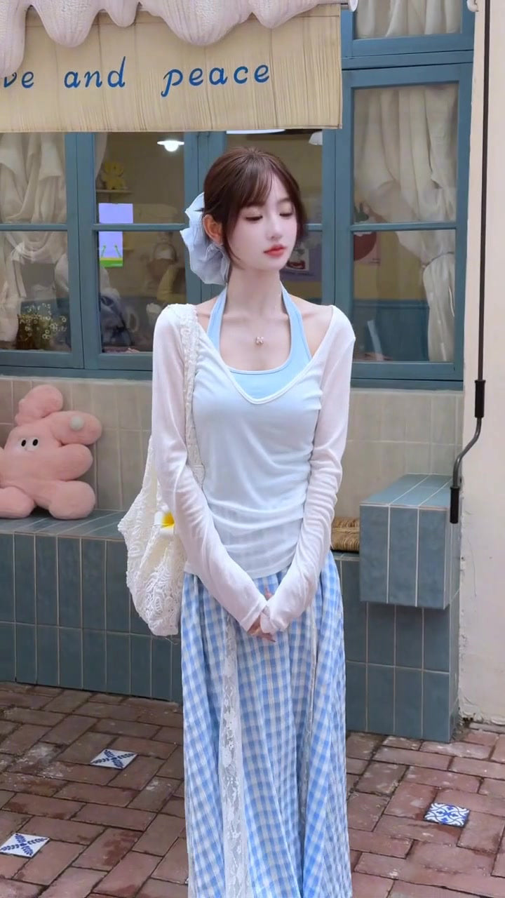 Women's suit beautiful long-sleeved T-shirt blue halter neck vest skirt three-piece suit R0695