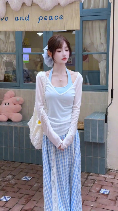 Women's suit beautiful long-sleeved T-shirt blue halter neck vest skirt three-piece suit R0695