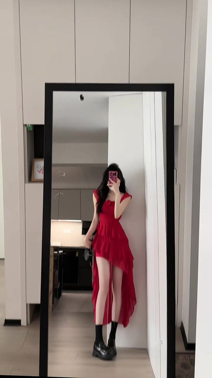 Retro red flower suspender dress irregular beautiful waist a-line beach dress R0697