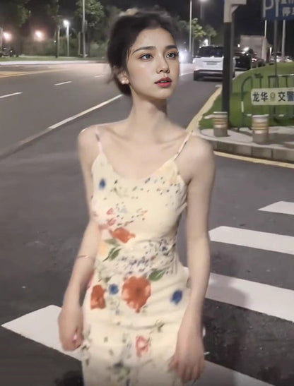 Floral suspender dress Slim fit temperament waist hip long skirt R0607