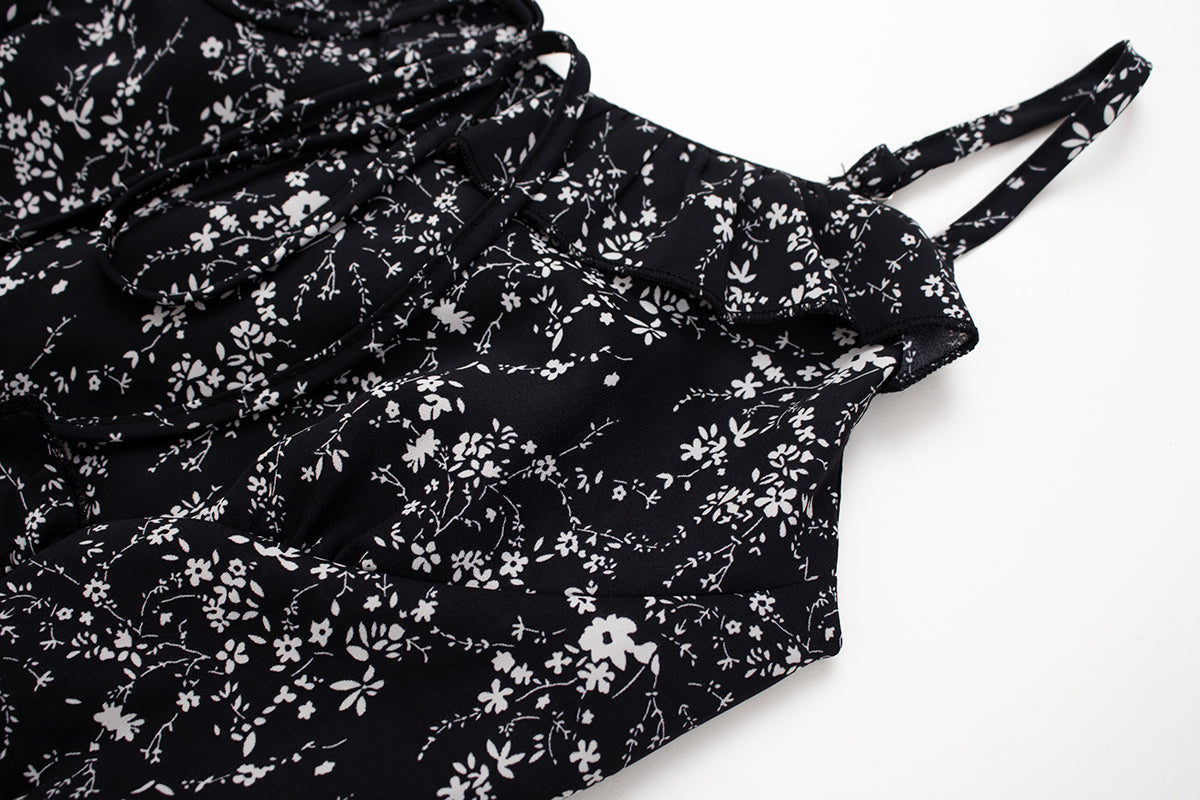 Bevel floral suspender dress French style slim waist long dress for women summer irregular R0031