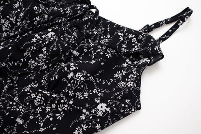 Bevel floral suspender dress French style slim waist long dress for women summer irregular R0031