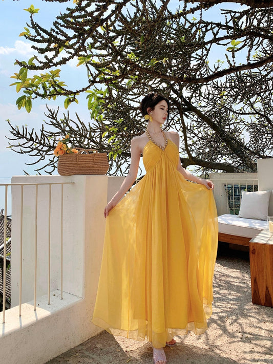Beautiful little skirt yellow backless halter neck long skirt new style R0641