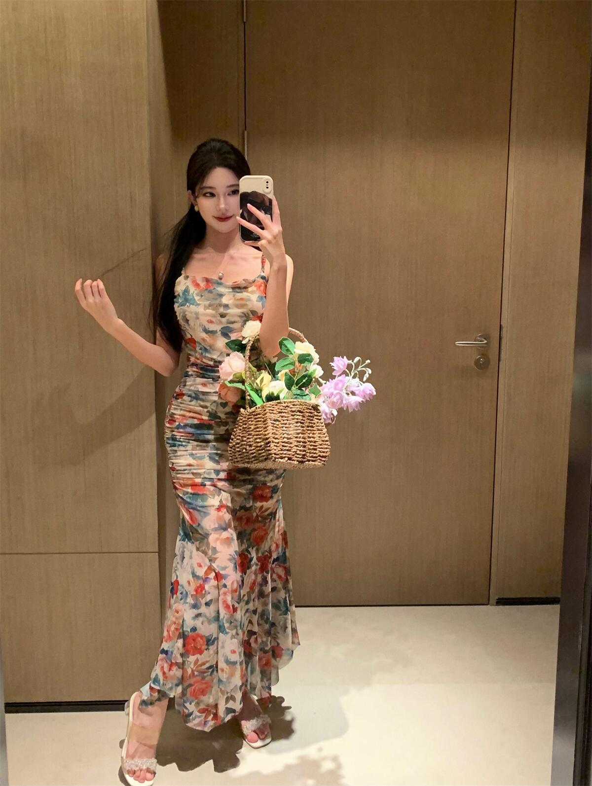 Retro floral suspender dress beautiful waist hip skirt R0657