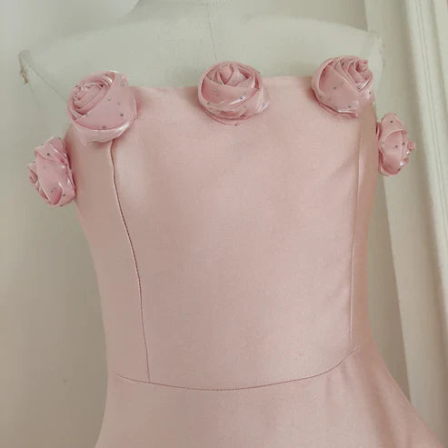 Retro Pink 3D Flowers Design A-line Strapless Satin Mini Party Dress Homecoming Dress D1523