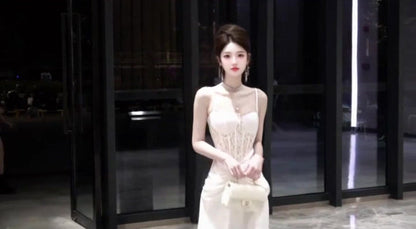 Temperament suspender dress lace patchwork waist slim banquet dress skirt R0519