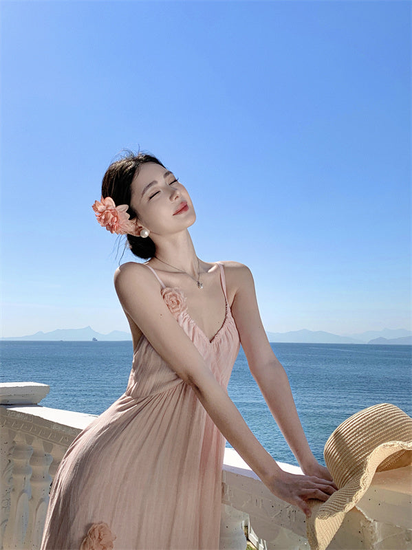 Pink flower suspender dress beautiful small skirt temperament long skirt R0521
