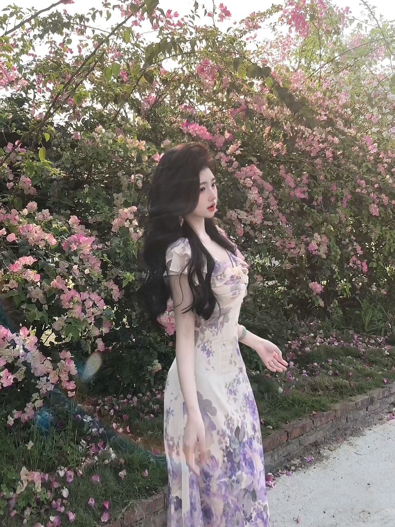 Purple V-neck floral one-shoulder dress gentle temperament waist A-line long skirt R0776