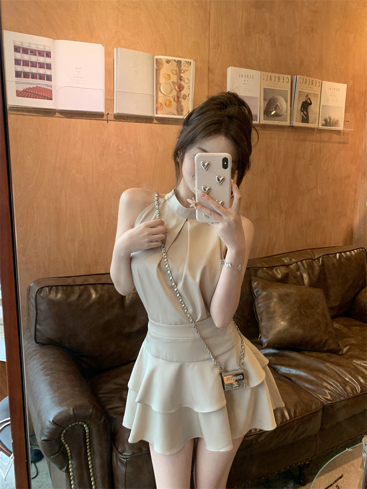 Goddess filter high-grade satin top ruffled skirt two-piece suit female summer new style R0082