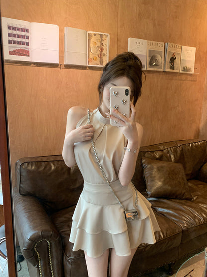 Goddess filter high-grade satin top ruffled skirt two-piece suit female summer new style R0082