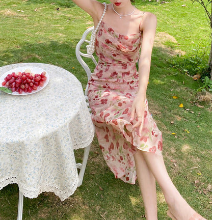 Tea break French style swing collar pink sling floral chiffon dress new waisted mid-length long skirt R0081
