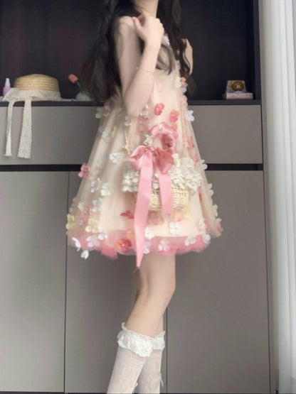 Gentle and sweet style flower off-shoulder halter dress beautiful loose A-line skirt R0798
