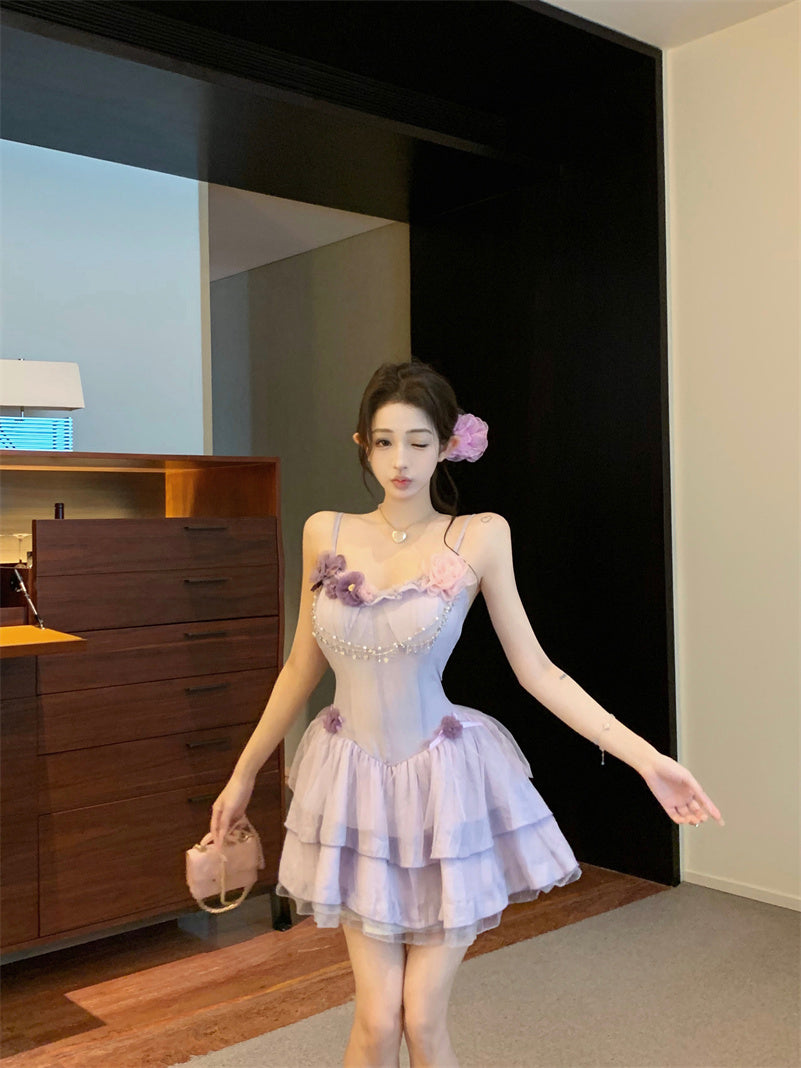 Purple suspender dress 2025 new style waist slim cake short skirt R0667