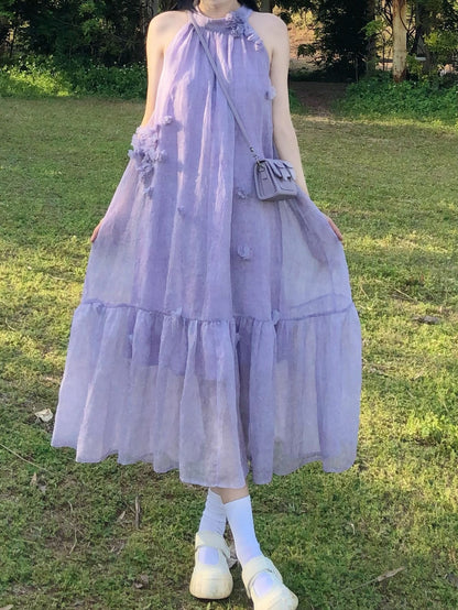 Atmosphere small skirt gentle temperament A-line long skirt purple halter neck dress R0671