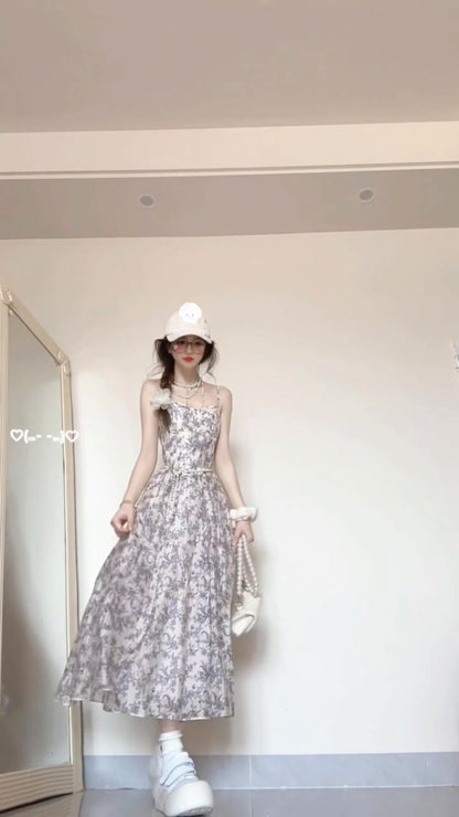 Floral suspender dress new style beautiful waist temperament long dress R0590